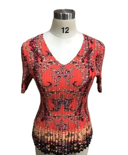 Women's Red Floral Pleated Short Sleeve Blouse