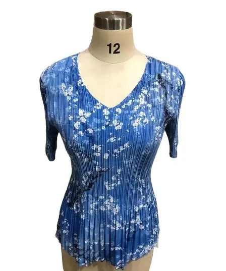 Women's Blue Floral Pleated Blouse with Short Sleeves