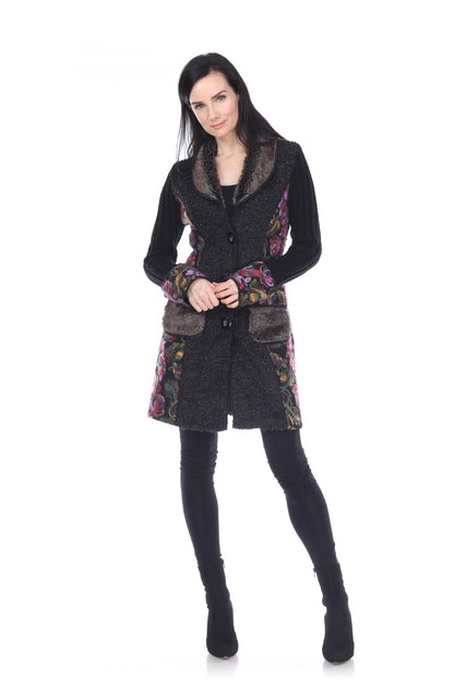 Floral Embroidered Faux Fur Collar Coat - Kamana Clothing