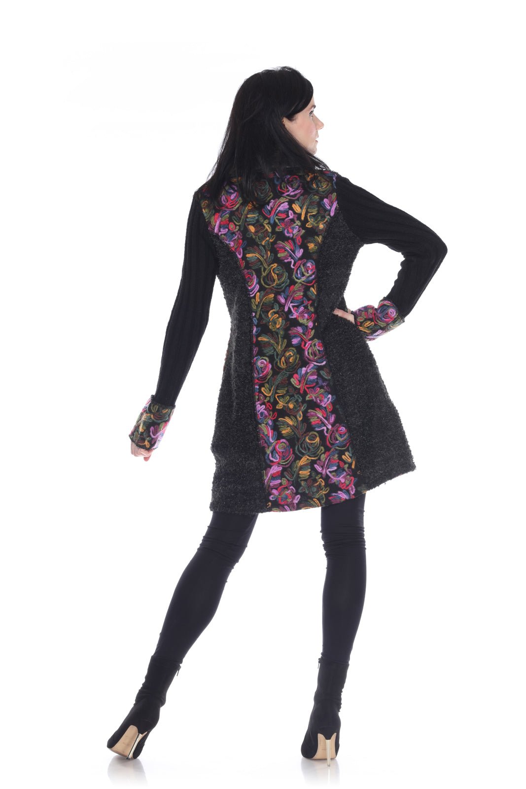 Floral Embroidered Faux Fur Collar Coat - Kamana Clothing
