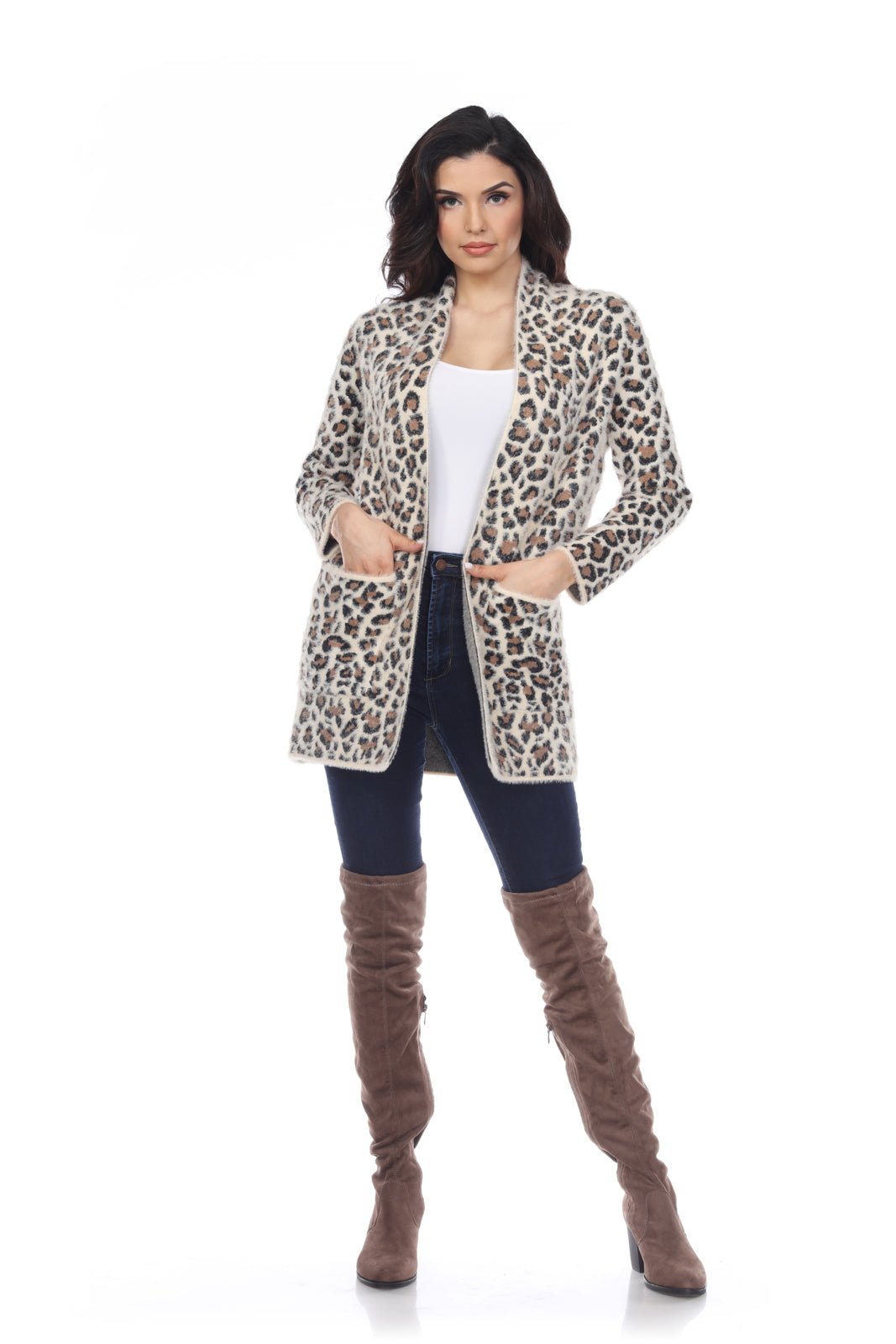 Leopard Print Open Front Sweater - Kamana Clothing